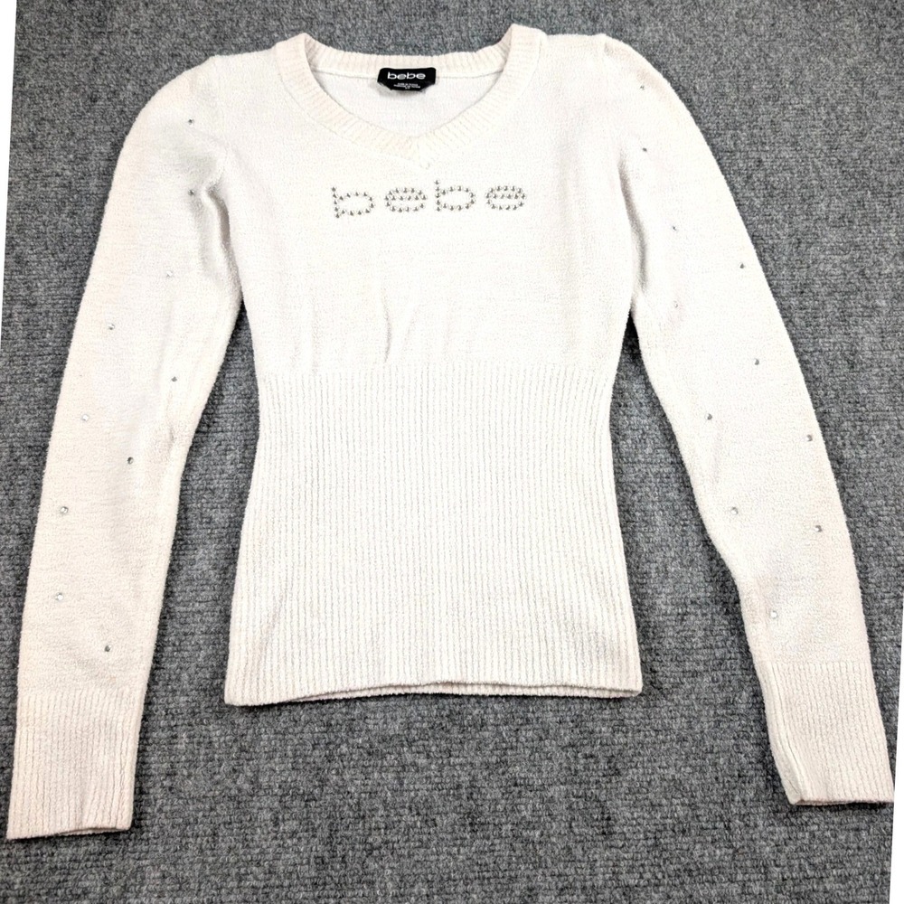 Bebe Vintage Sweater S Y2k Off White V-Neck Rhinestone Logo Ribbed Knit Bling